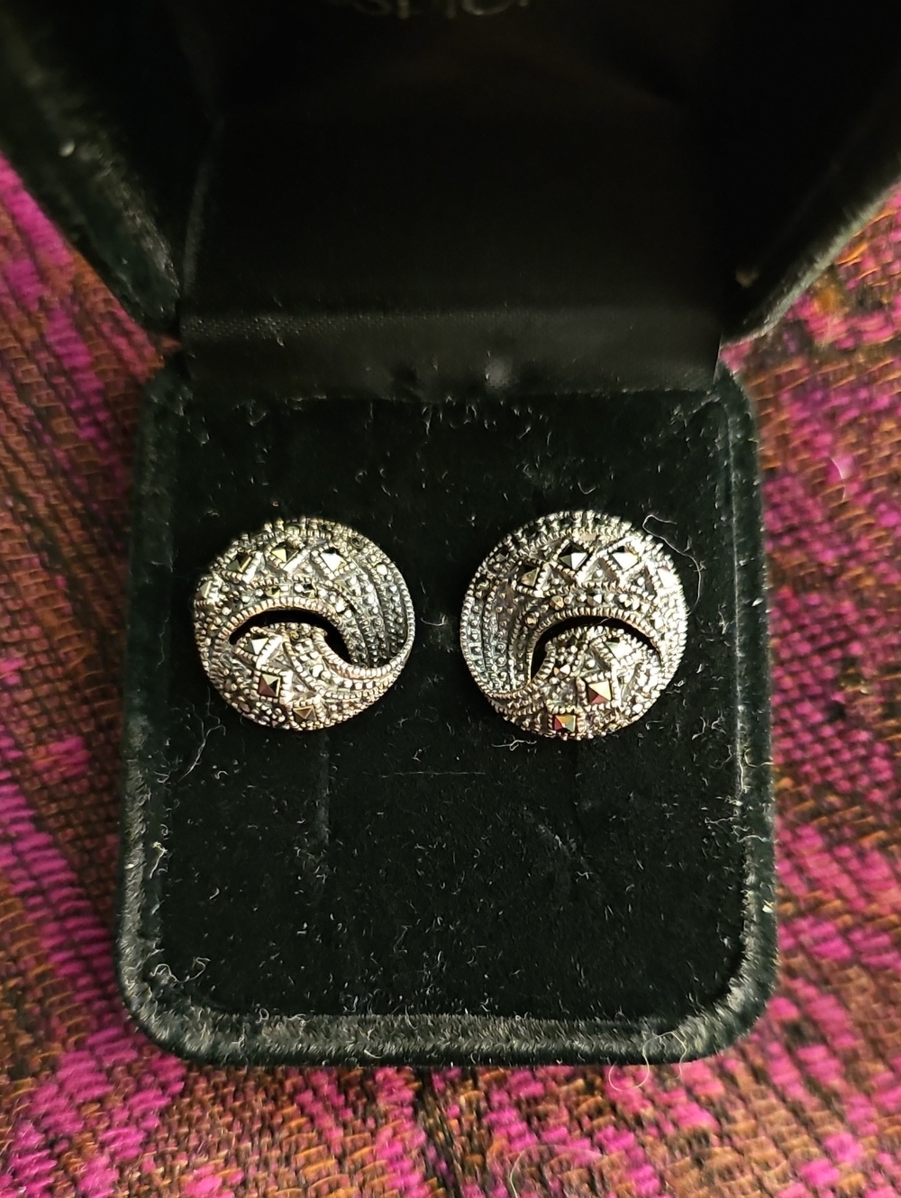 Suspicion Sterling Siver And Marcasite Swirl Button Earrings - Black Finish Nwot